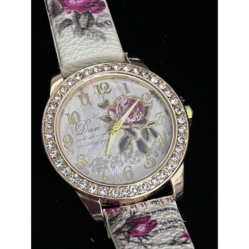 Floral Rose Rhinestone Watch Gold Tone New Battery Vintage - Picture 2 of 6
